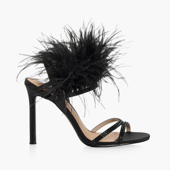 Browns strappy satin heels, 7M, ostrich feathers open toe rhinestones Party NEW - Picture 3 of 10